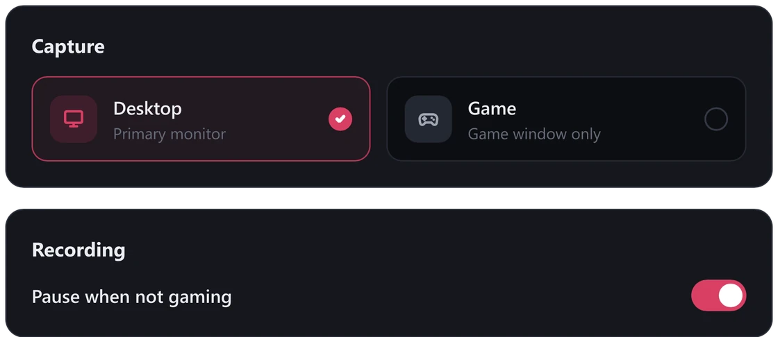 Settings: Desktop (primary monitor) and Game (game window only) capture options, and a Pause when not gaming switch.