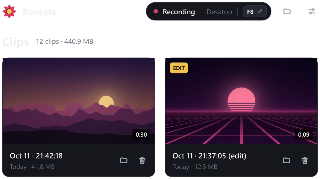 Rosette's header with the Recording status pill and the F8 key, above saved clips.